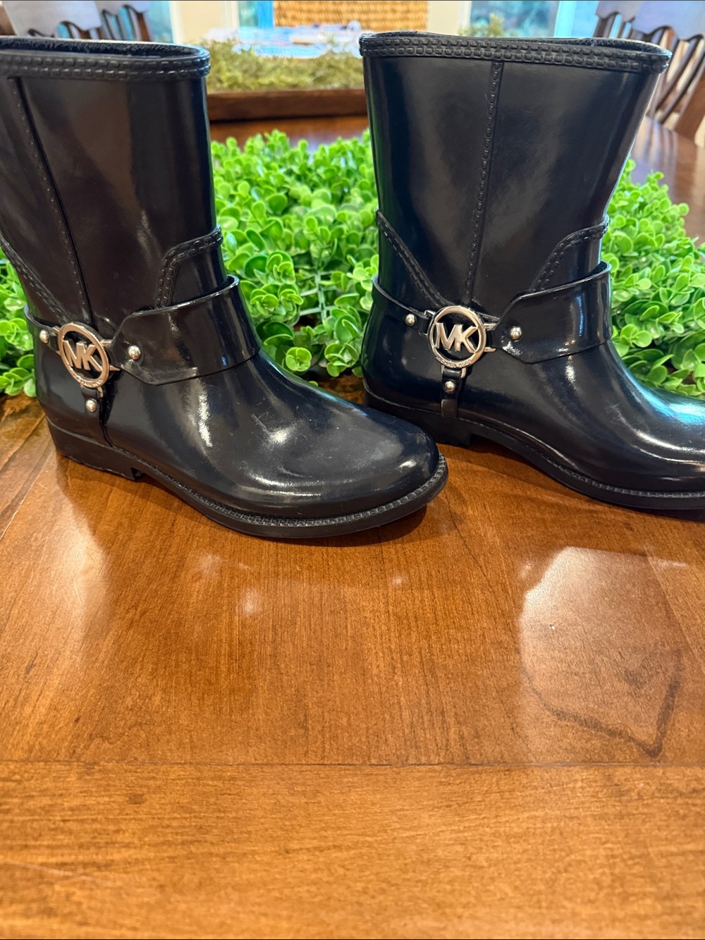 Michael Kors Black Patent Ankle Rain Booties with MK Emblem